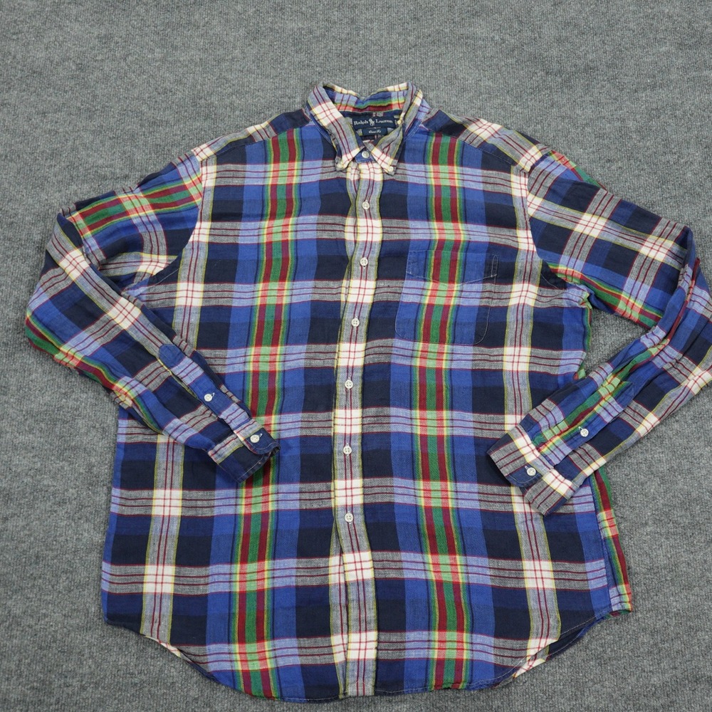 Ralph Lauren Shirt Mens XL Blue Multi Plaid Classic Fit 100% Linen Long Sleeve